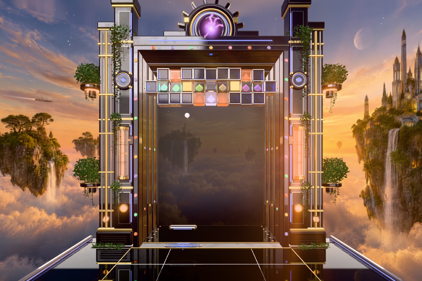 A room of Signoid: a machine of dark metal and gold, crystal blocks across its top, floating islands and waterfalls behind it at sunset